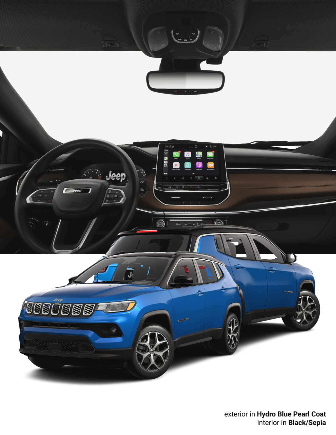 Front exterior, back exterior, and dashboard view of a 2025 Jeep Compass Trailhawk 4x4 shown in Diamond Black Crystal