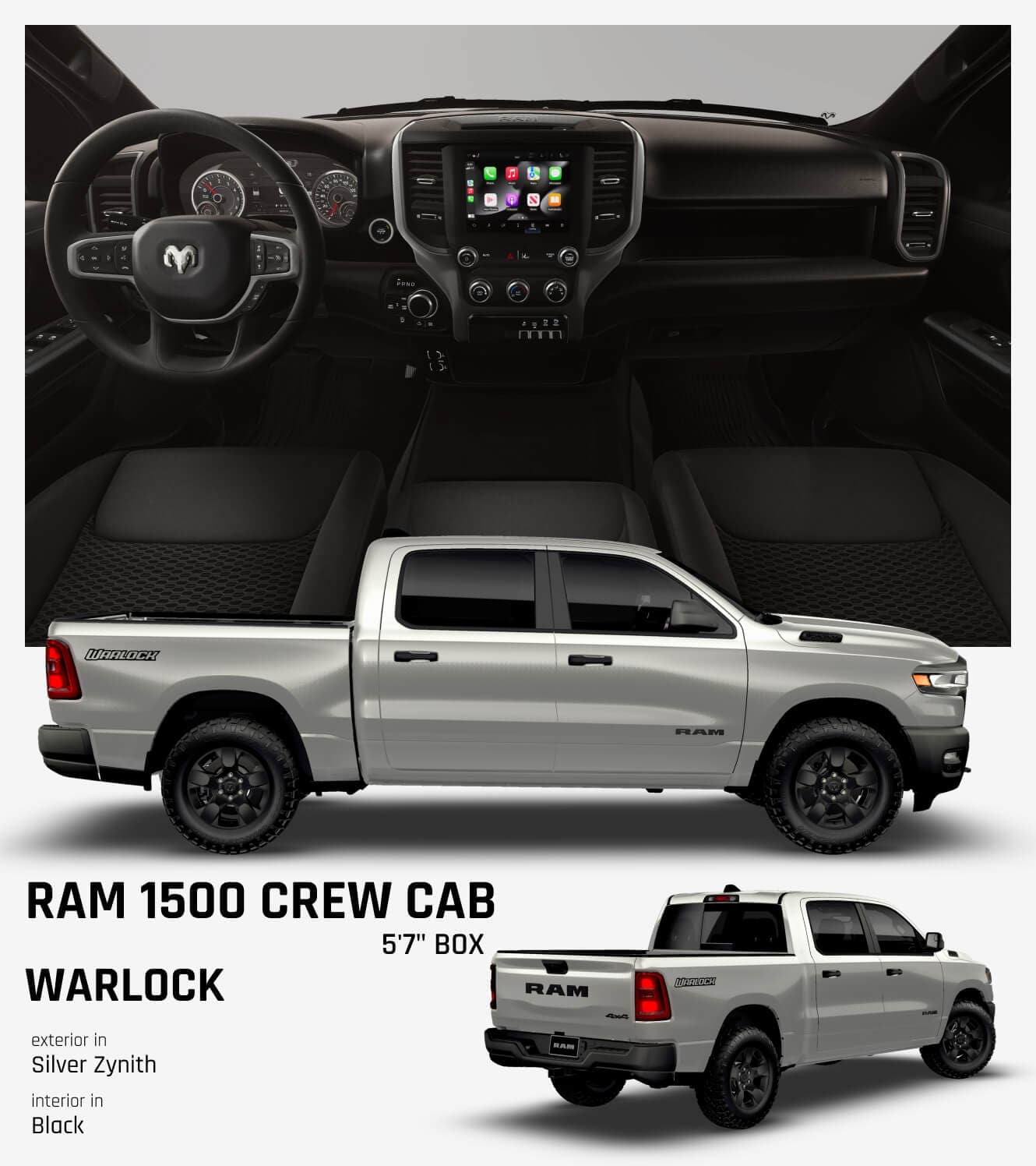 Interior dashboard view and two exterior shots of a 2026 Ram 1500 Warlock Crew Cab in Silver Zynith with black interior