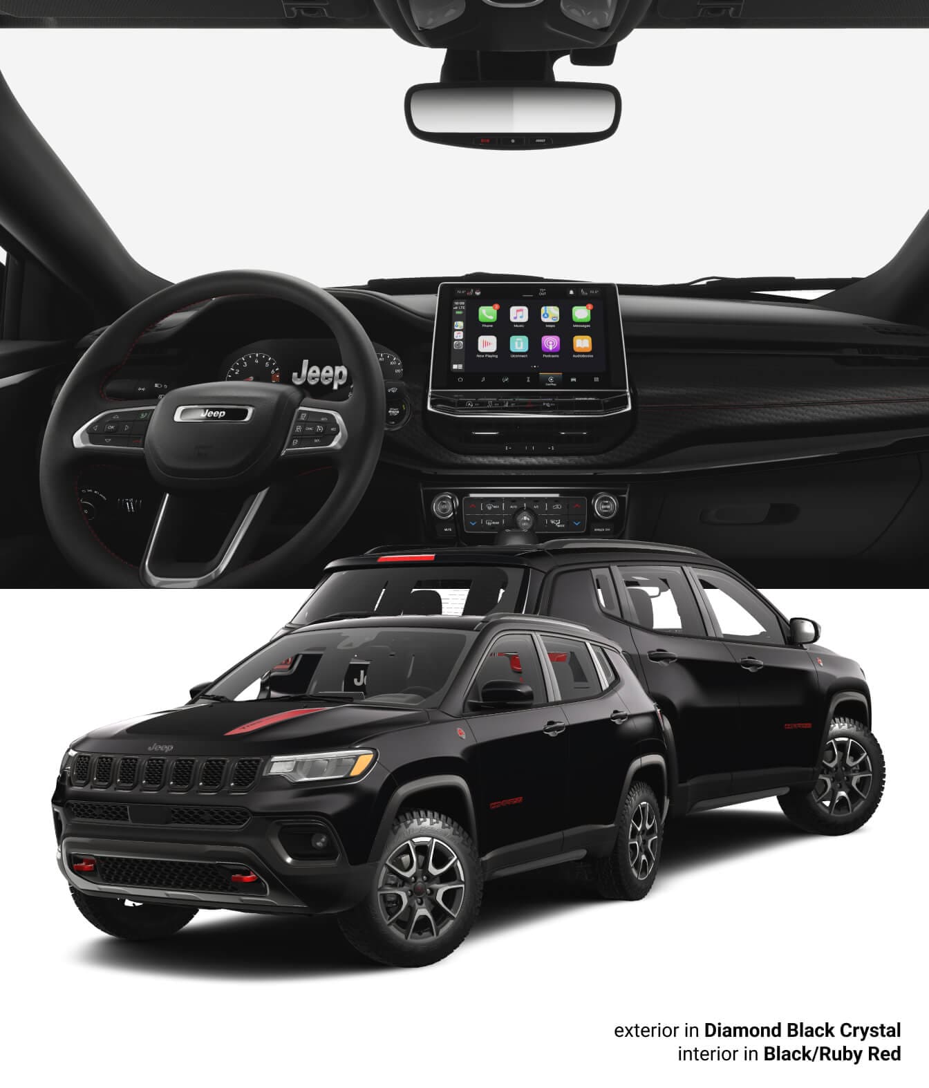 Front exterior, back exterior, and dashboard view of a 2025 Jeep Compass Limited 4x4 shown in Hydro Blue Pearl Coat