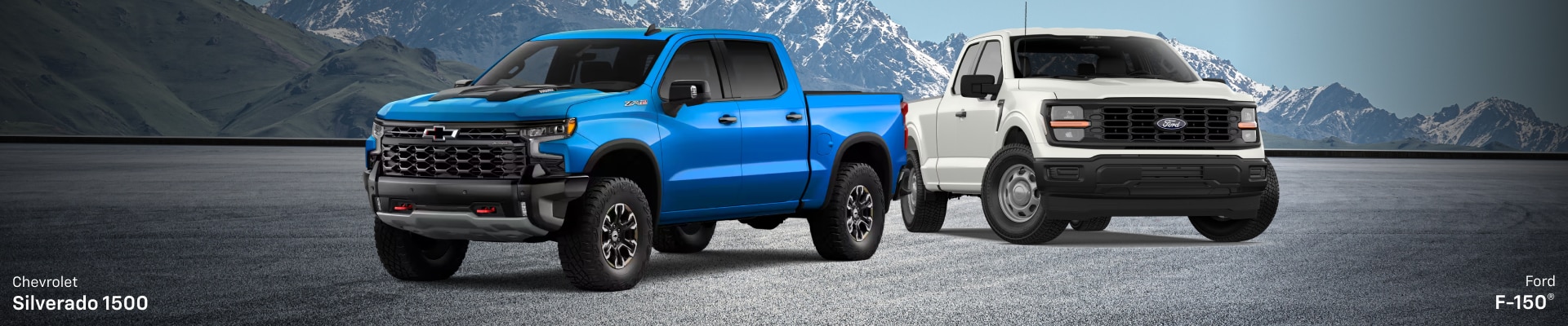 2026 Chevy Silverado ZR2 in Riptide Blue parked in front of a 2026 Ford F-150 XL in White