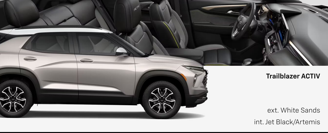 Split view of Chevrolet Trailblazer ACTIV in White Sands exterior and Jet Black/Artemis cabin.