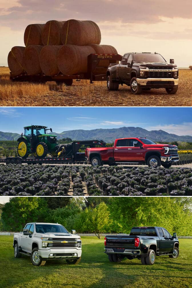 Three exterior images of Chevy Silverado 3500 trucks towing hay bales, towing a trailer, and parked in a grassy field.