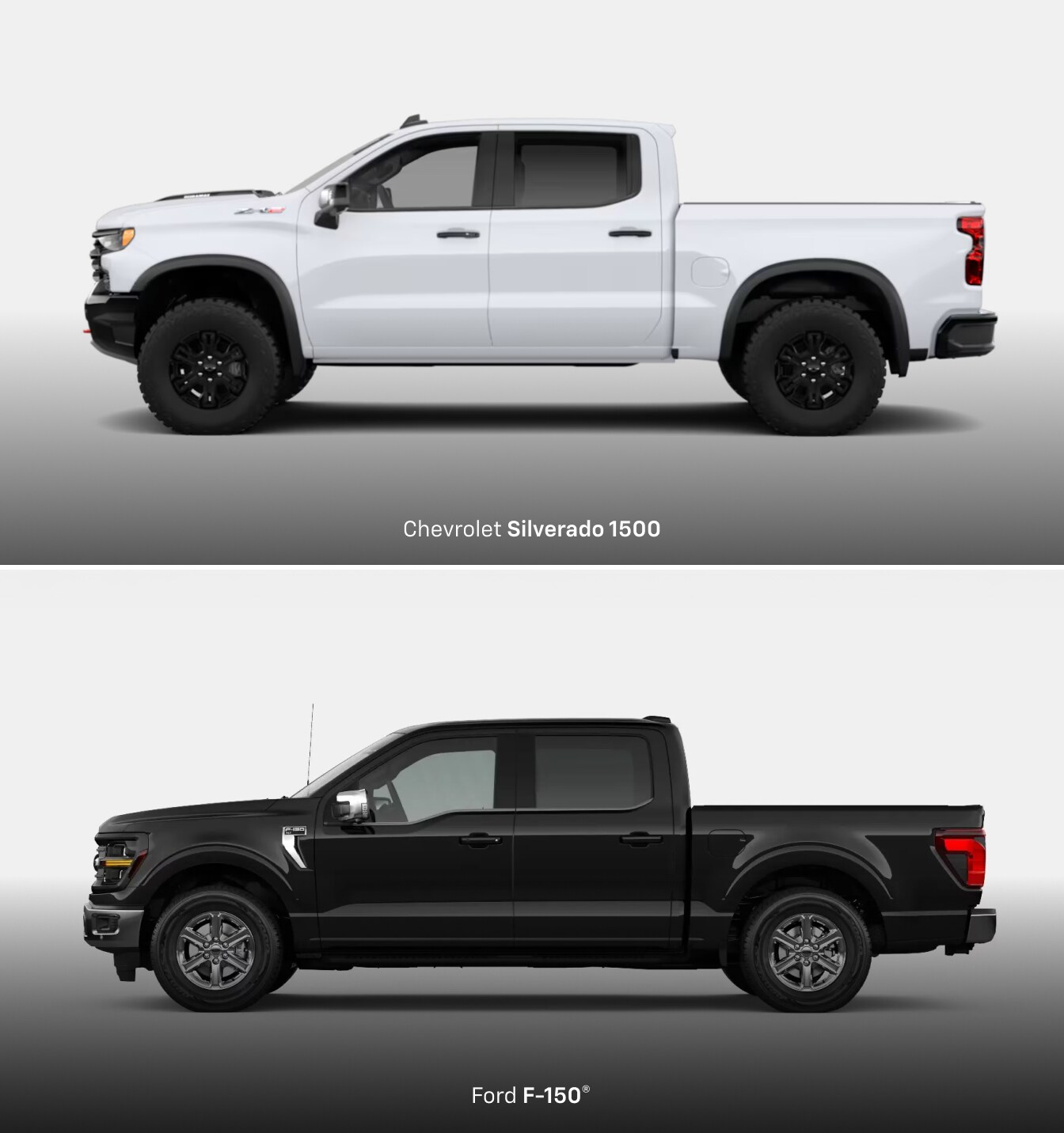 Side profile shots of the 2026 Chevy Silverado 1500 ZR2 in White and a 2026 Ford F-150 XLT in Black