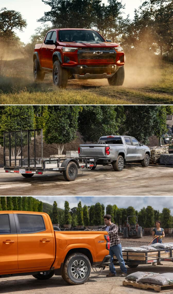 Three images of Chevy Colorado trucks driving on a dirt road, towing a trailer and having soil loaded into its open bed.