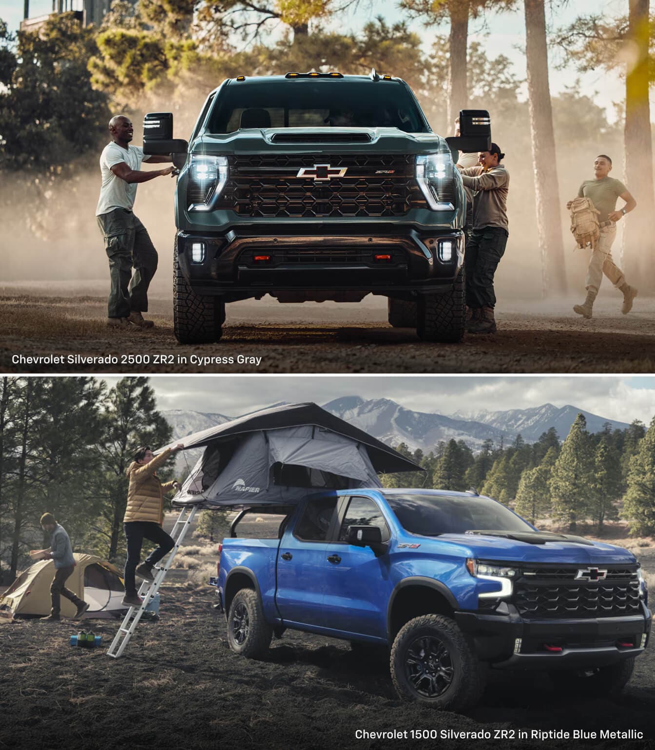 2026 Chevrolet Silverado 2500 ZR2 in Gray and a 2026 Chevrolet Silverado 1500 ZR2 in Riptide Blue, both being setup for camping