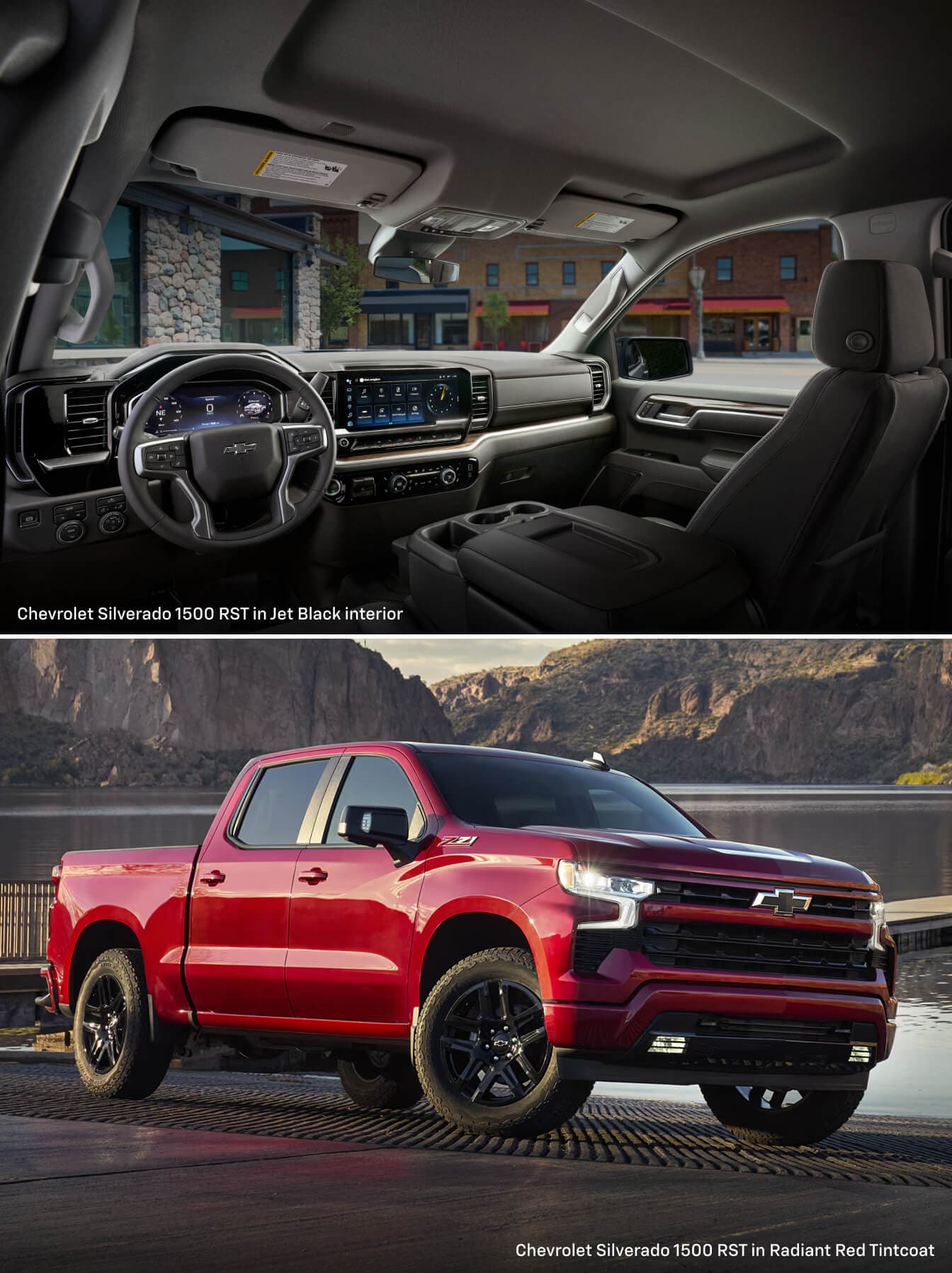 Interior and exterior images of a 2026 Chevrolet Silverado 1500: red exterior and black leather interior