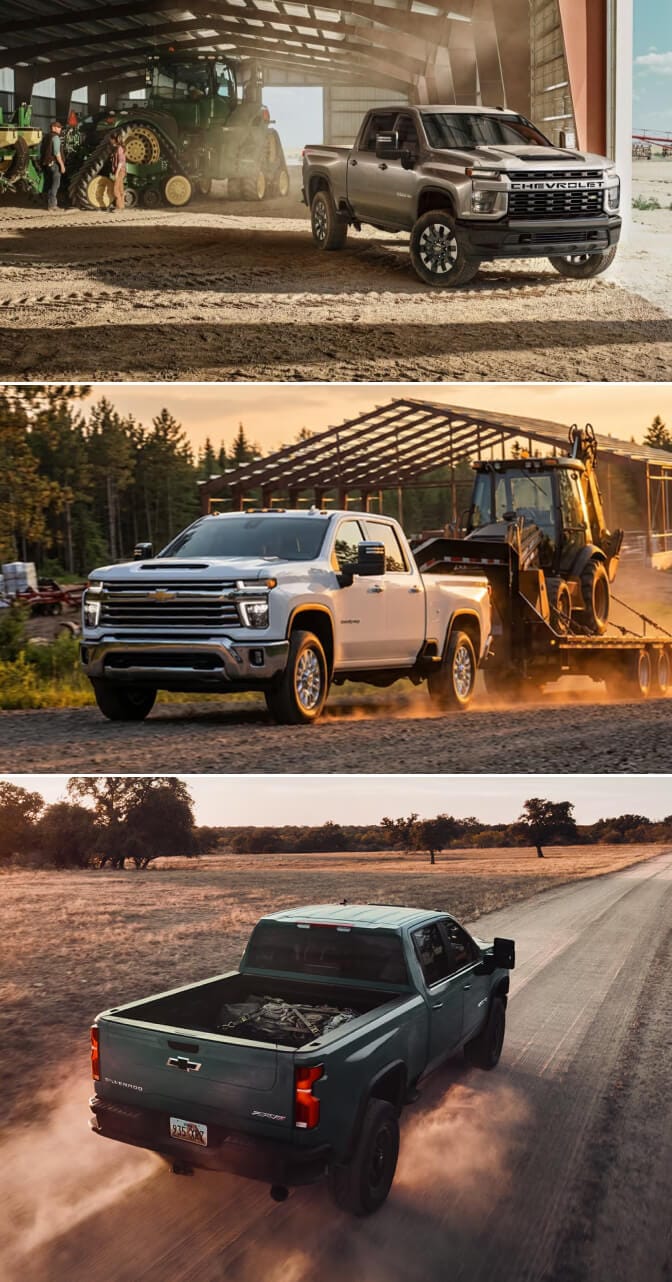 Three exterior images of Chevy Silverado 2500 trucks. One in an open barn, one towing an excavator on a trailer, one driving down a dirt road.