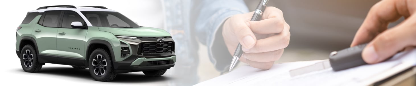 A 2026 Chevy Equinox in Cacti Green superimposed over an image of people singing auto loan paperwork