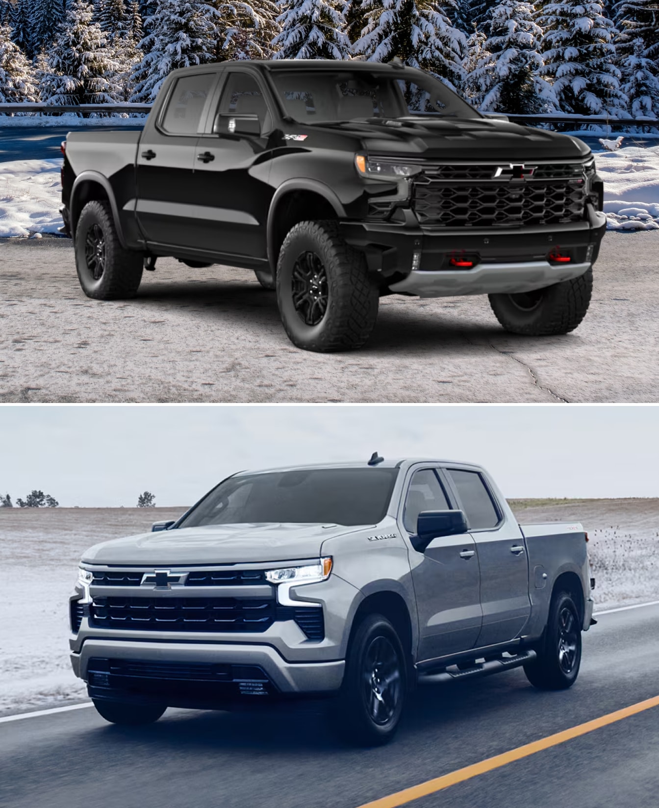 On top a 2026 Silverado 1500 in black and on bottom a 2026 Silverado 1500 Crew Cab in Silver