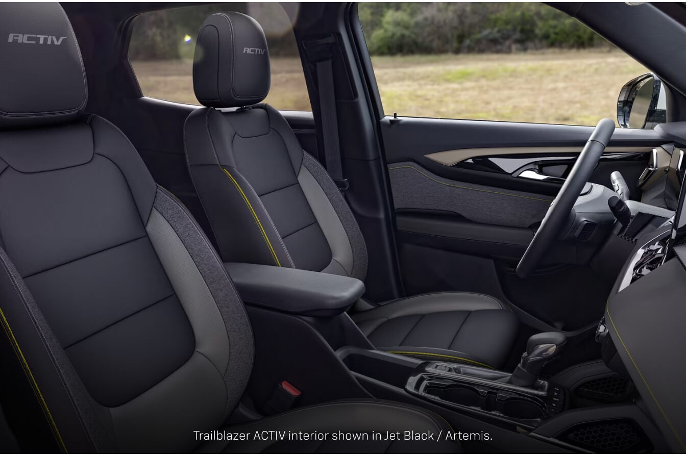 Interior view of Chevrolet Trailblazer ACTIV showing Jet Black/Artemis front seats.