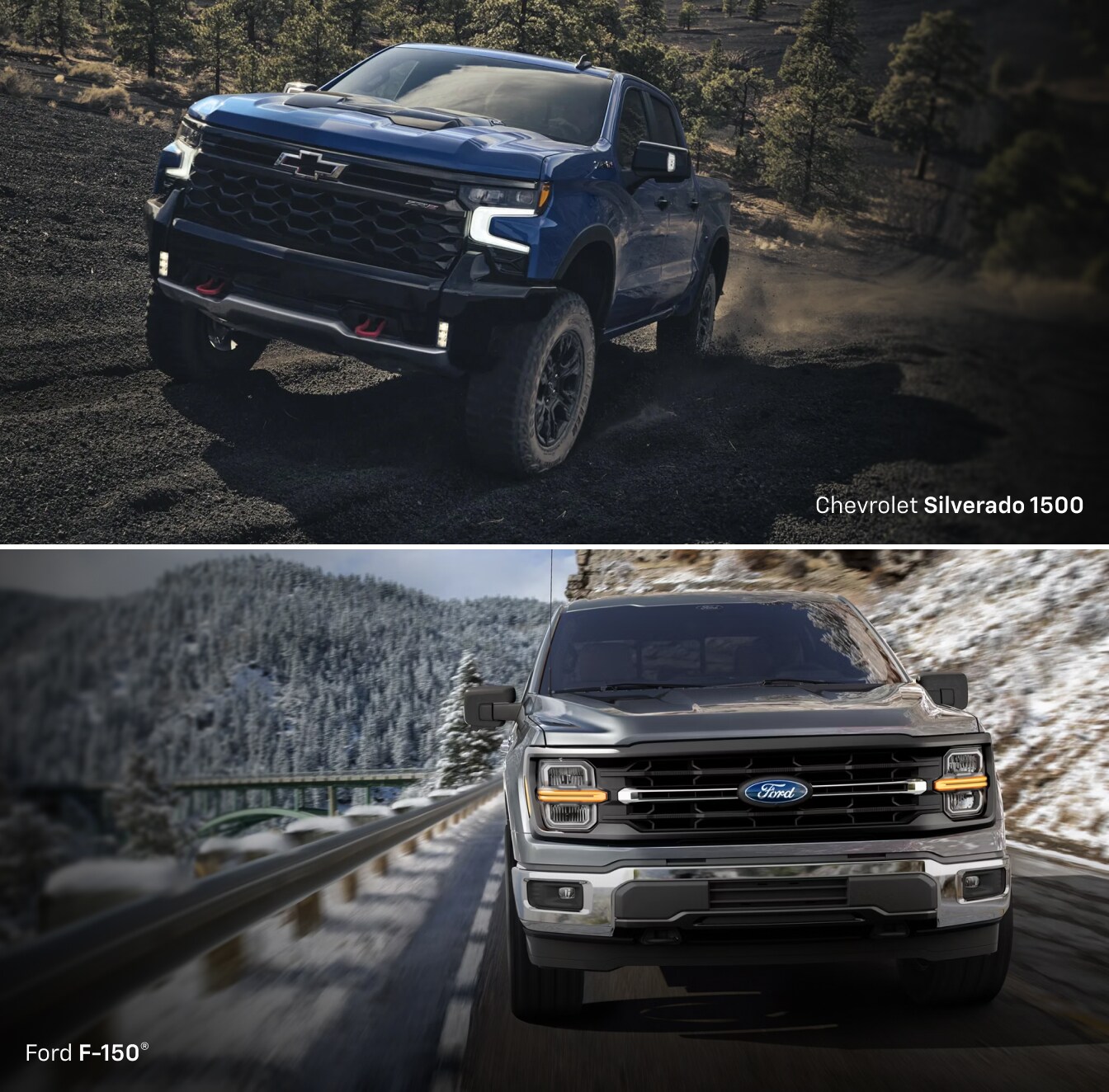 2026 Chevy Silverado ZR2 driving on a dirt road and a 2026 Ford F-150 XLT driving on the highway