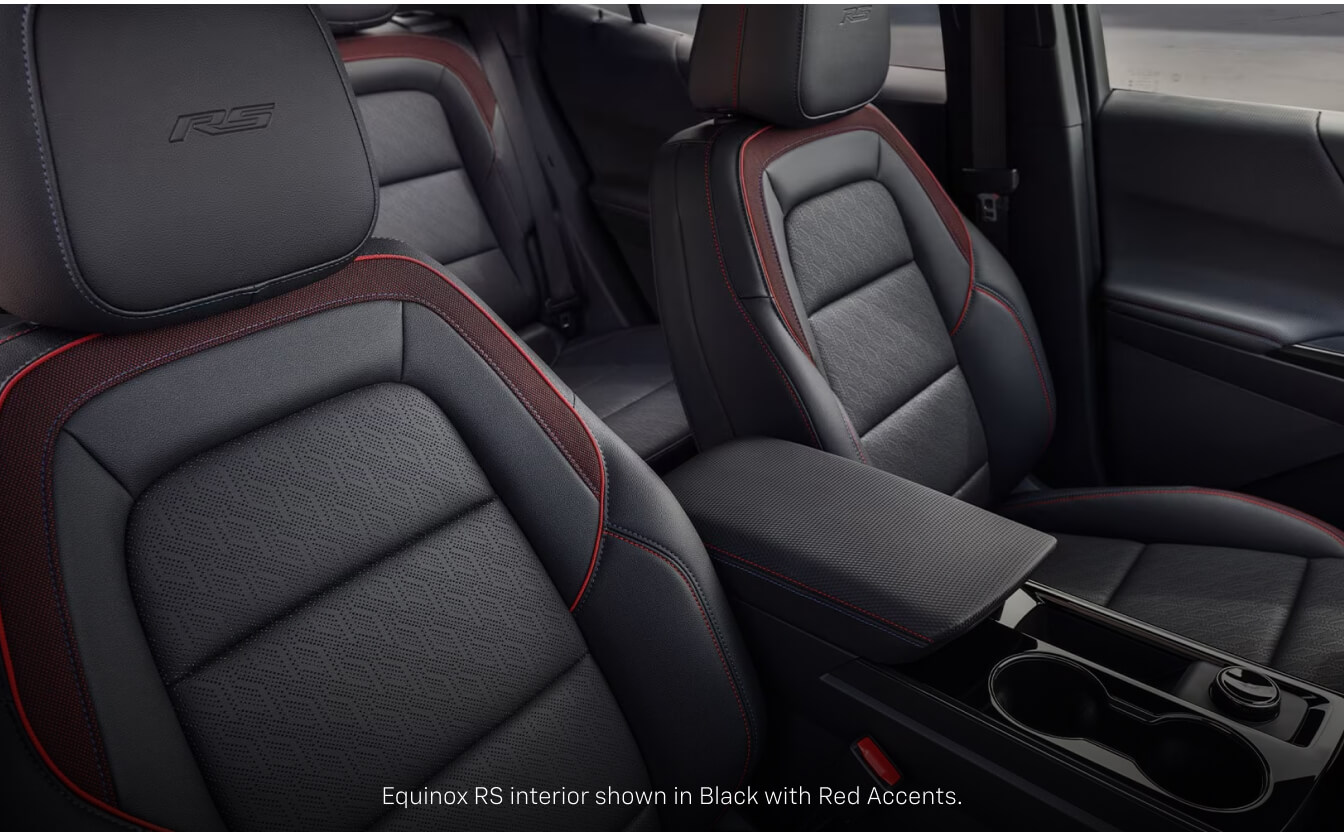Interior view of Chevrolet Equinox RS showing Evotex seats inside a vehicle cabin.