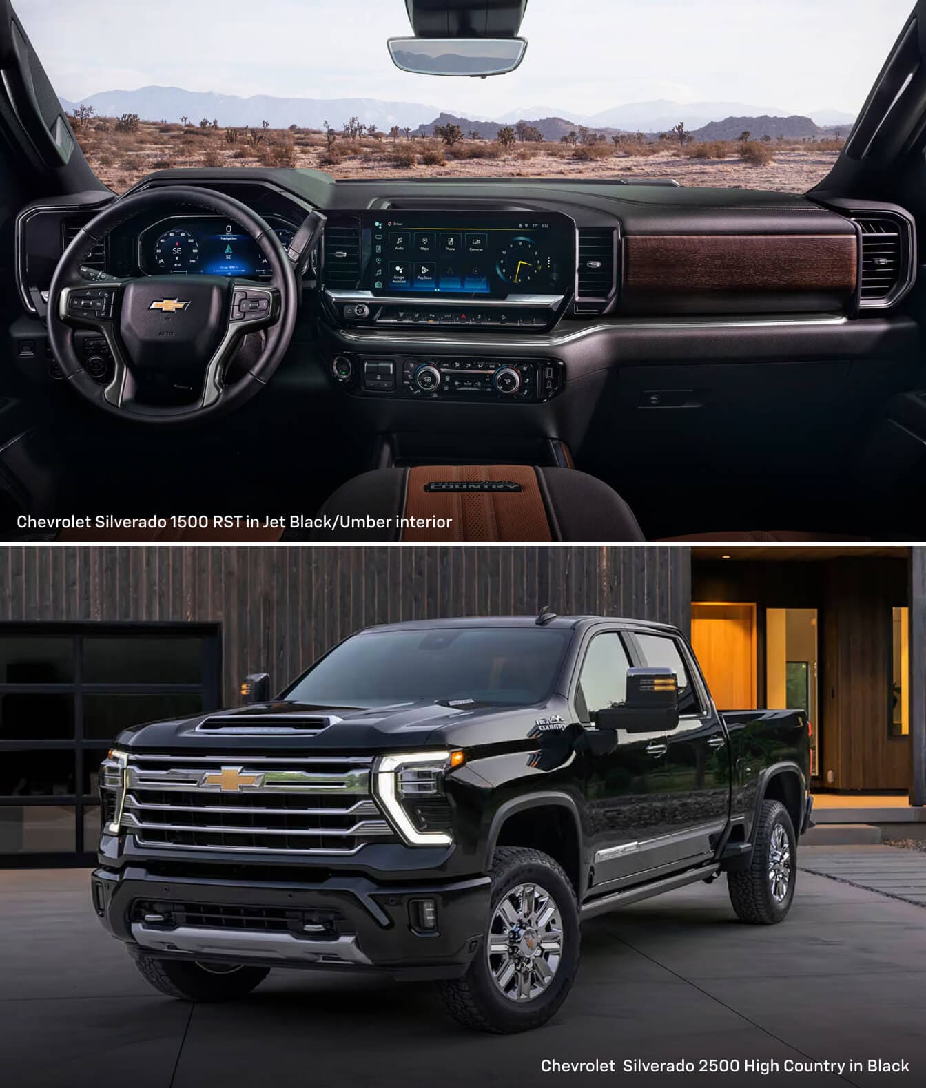 Interior dashboard and exterior shot of a 2026 Chevrolet Silverado 2500 High Country: black exterior and black leather interior