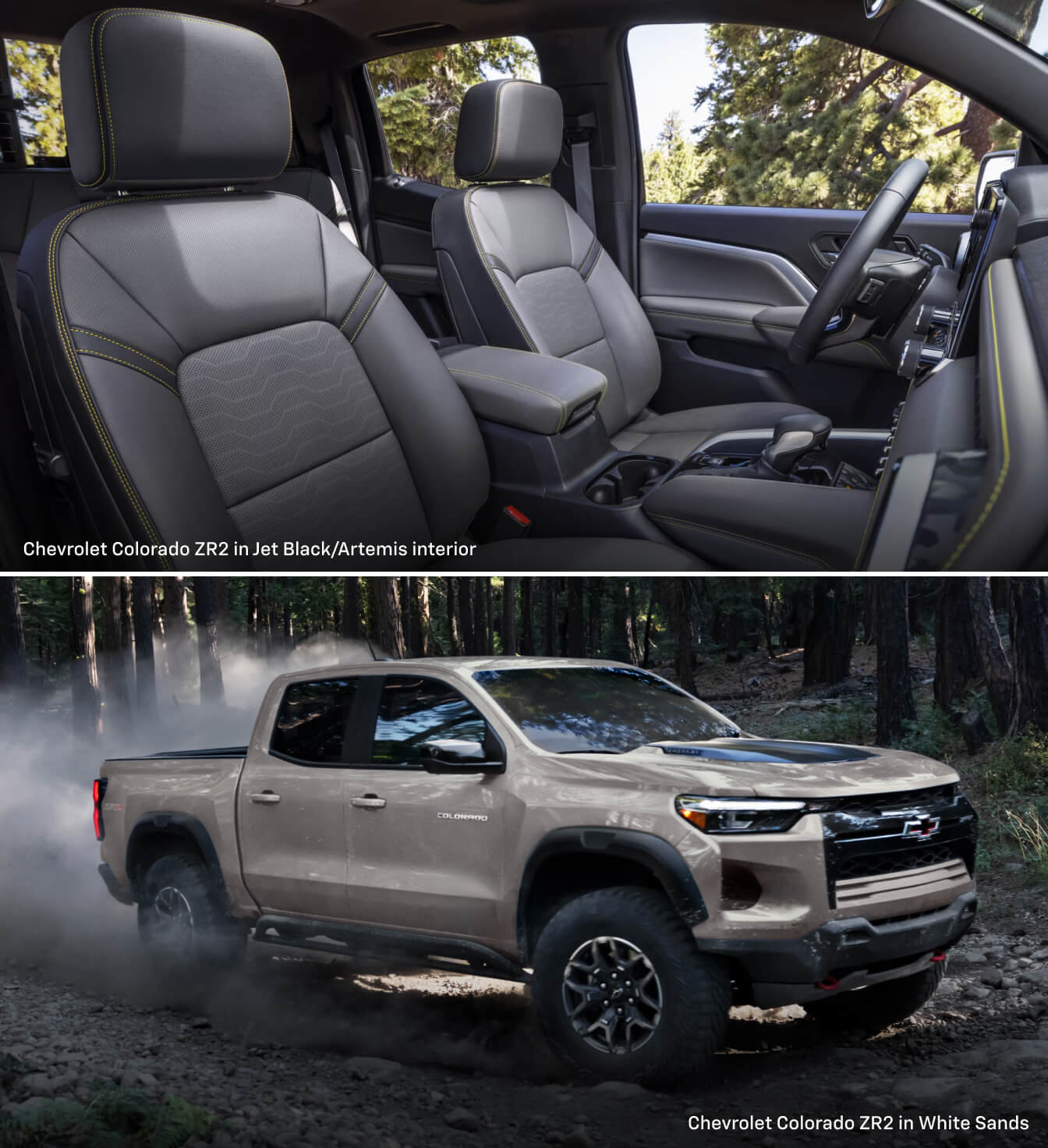 Interior and exterior images of a 2026 Chevrolet Colorado ZR2: white exterior and black leather interior