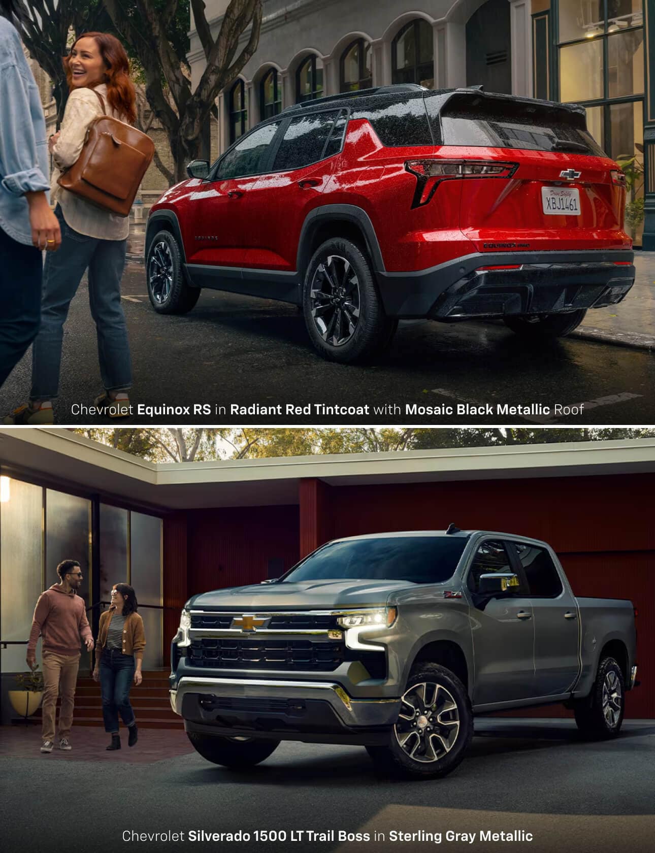 2025 Chevy Equinox RS in Radian Red and a 2025 Chevy Silverado 1500 LT Trail Boss in Sterling Gray