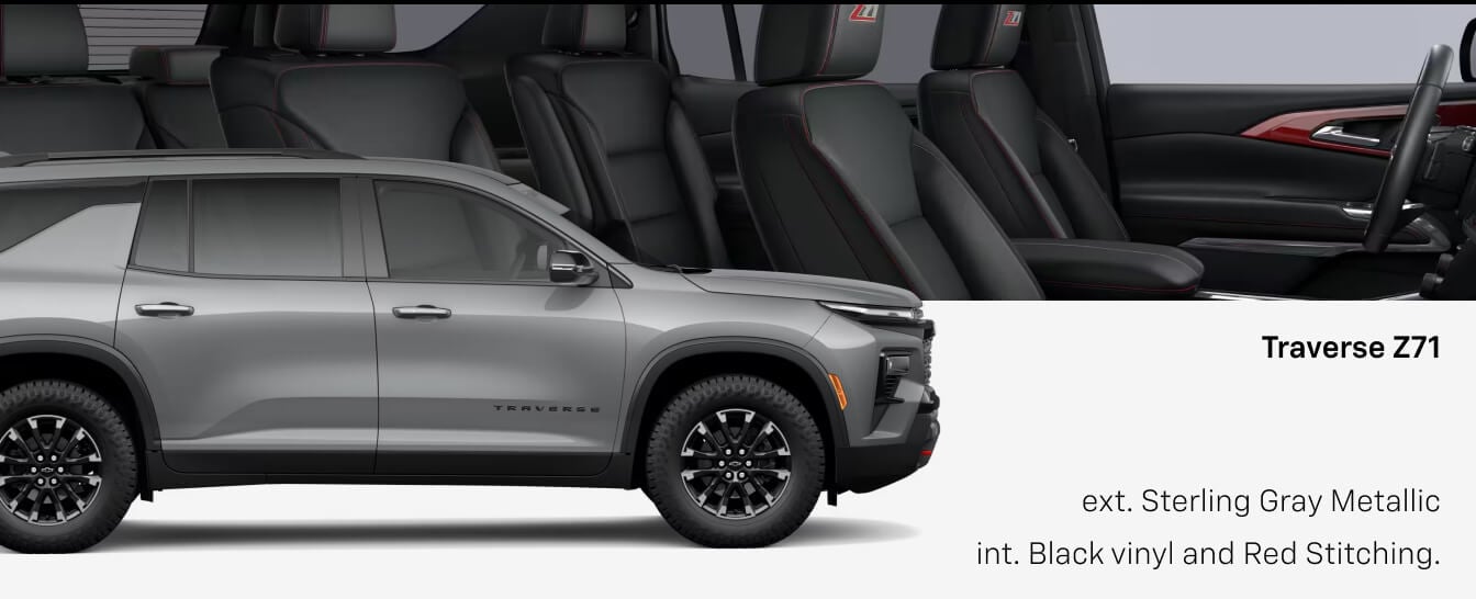 Split view of Chevrolet Traverse Z71 in Sterling Gray exterior and Black/Red cabin.