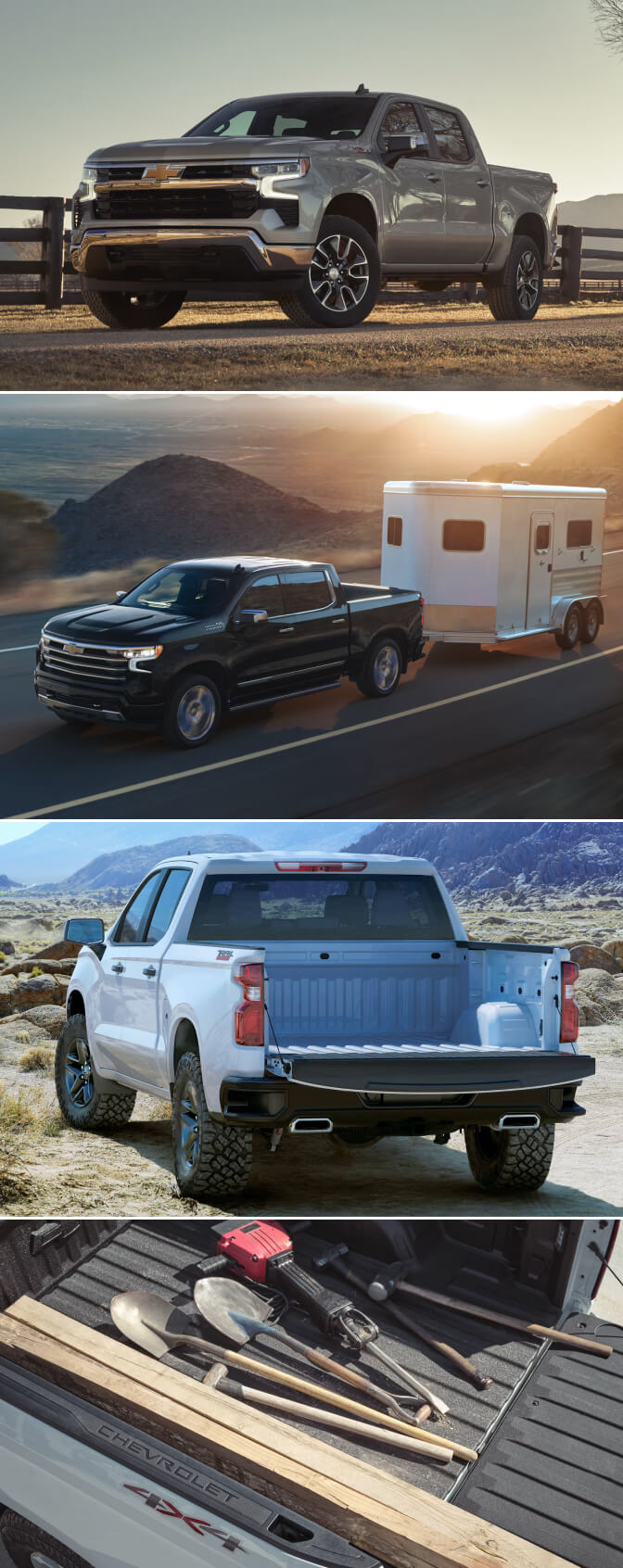 Two exterior images of Chevy Silverado trucks parked on a ranch and towing a horse trailer. Two close-ups of Chevy Silverado 1500 beds.