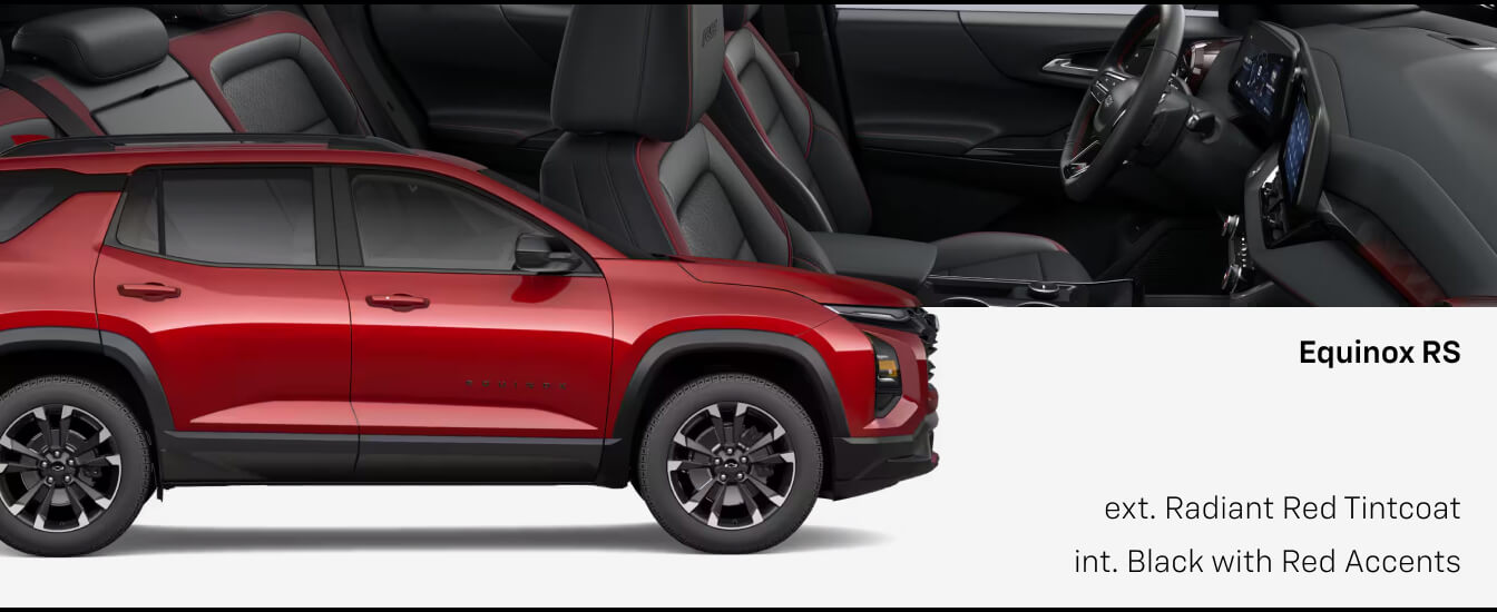 Split view of Chevrolet Equinox RS in Radiant Red exterior and Black/Red cabin.