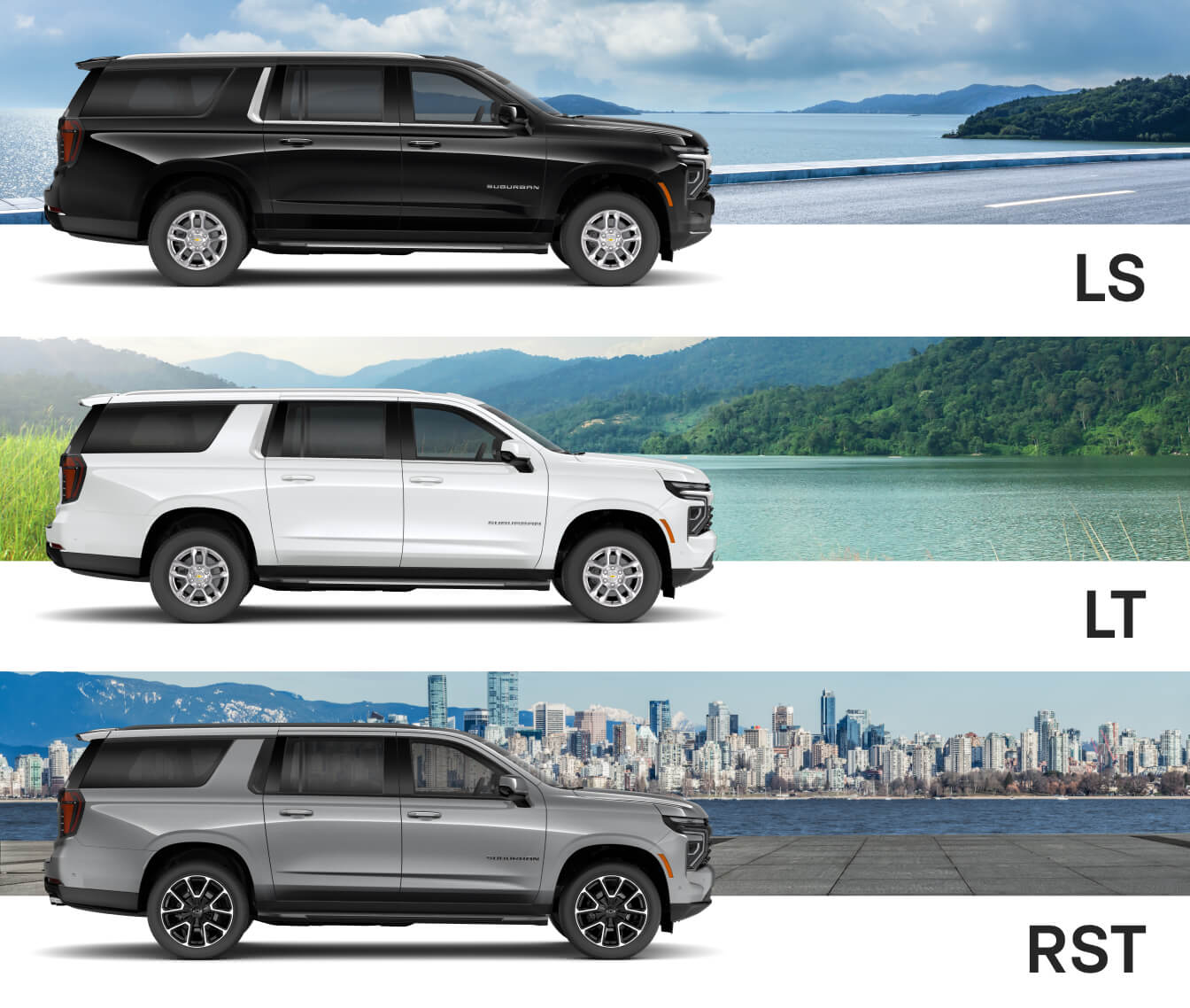 Side profiles of 2026 Chevy Suburban LS, LT, RST, Z71, Premier, and High Country trims against scenic backdrops.