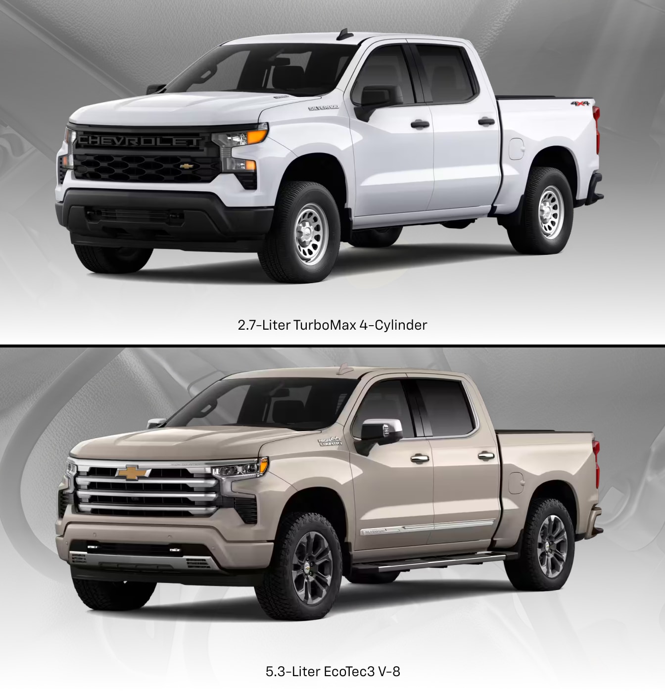 2026 Chevrolet Silverado 1500 in Summit White on top and a 2026 Chevrolet Silverado 1500 in White Sands on bottom