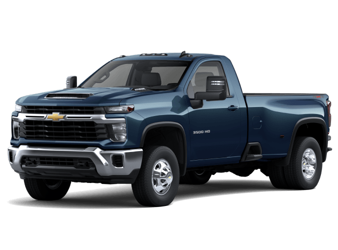 Front three-quarter view of a 2026 Chevy Silverado 3500 LT in Lakeshore Blue Metallic.