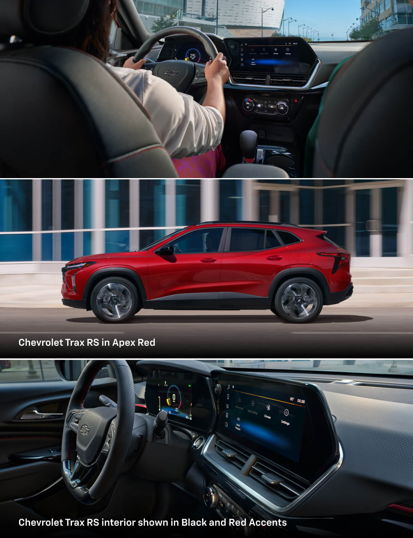 Exterior and interior shots of the 2026 Chevrolet Trax showing Apex Red paint and Black interior with red accents