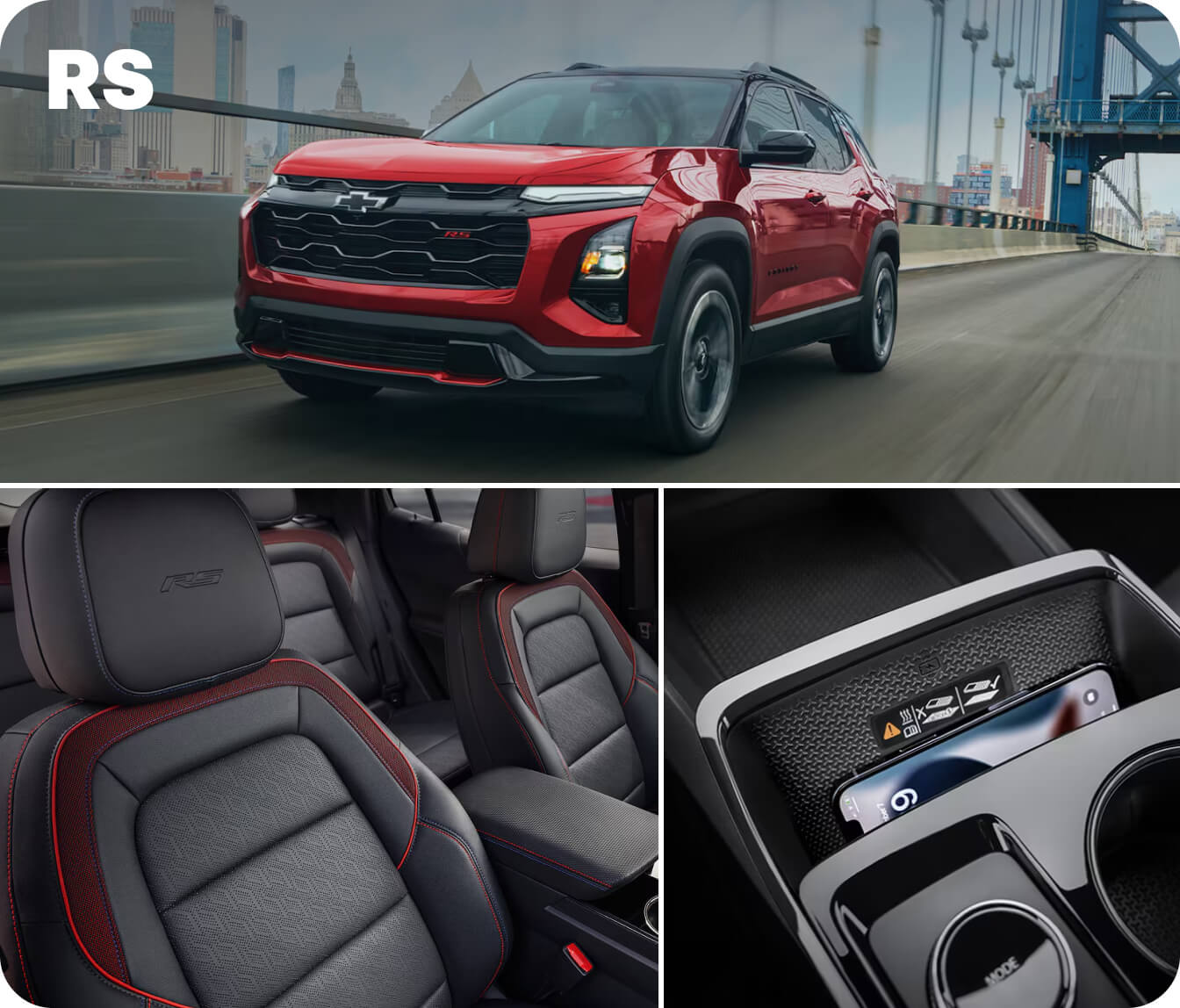Split image showing a red 2027 Chevy Equinox RS driving and two close-ups showing its interior upholstery and wireless charging.