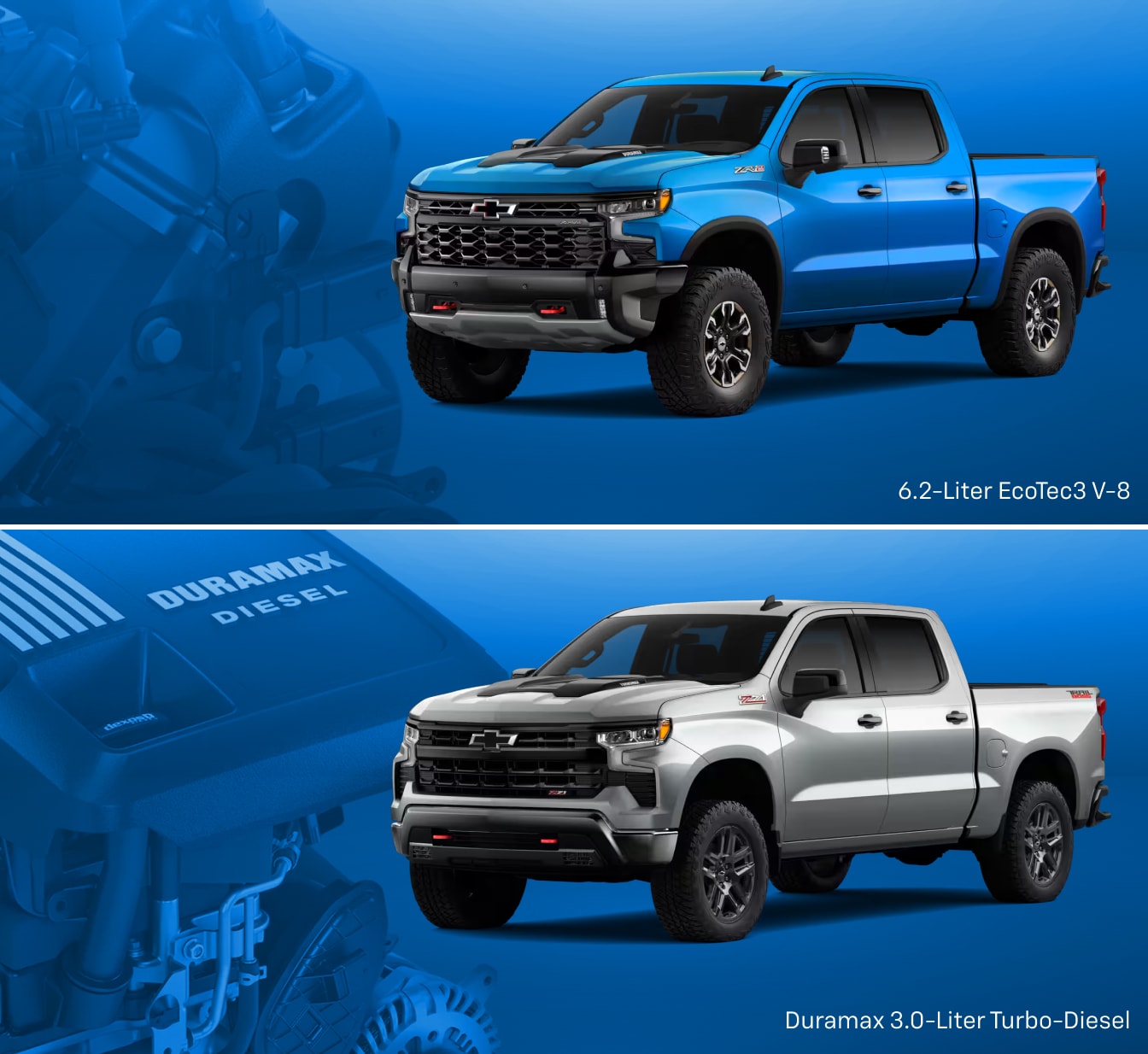 2026 Chevrolet Silverado 1500 Trucks: Riptide Blue on top & Sterling Grey on bottom, both trucks superimposed in front of their engines