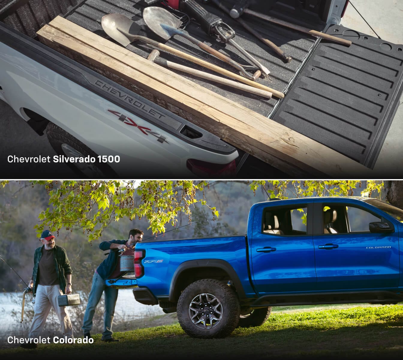 Birdseye-view shot of the cab of a Chevrolet Silverado Crew Cab and a man loading supplies into the back of his Chevrolet Colorado Crew Cab ZR2 in Reef Blue