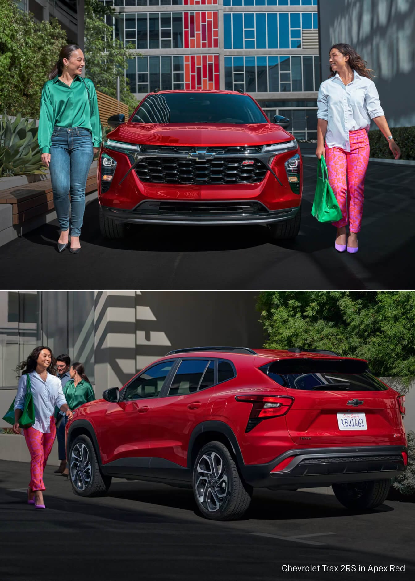 Women walking on either side of a red 2026 Chevy Trax and a a rear image of the car with them walking around front