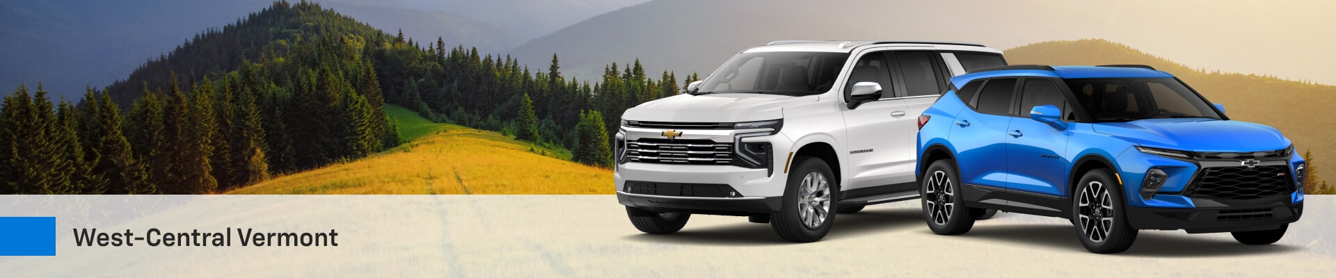 2025 Chevrolet Suburban Premier in white alongside a 2025 Chevrolet Blazer RS Crossover in Riptide Blue Metallic
