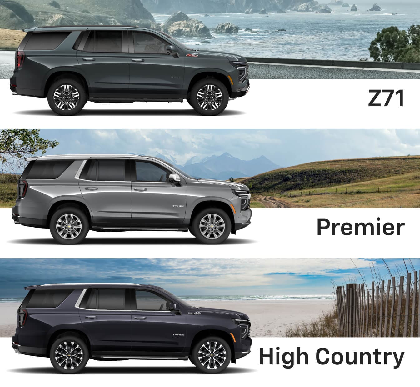 Side profiles of 2026 Chevy Tahoe LS, LT, RST, Z71, Premier, and High Country trims against scenic backdrops.