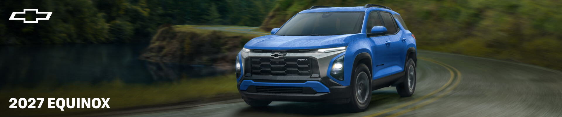 Front exterior action shot of a blue 2027 Equinox driving on a rainy forest highway.
