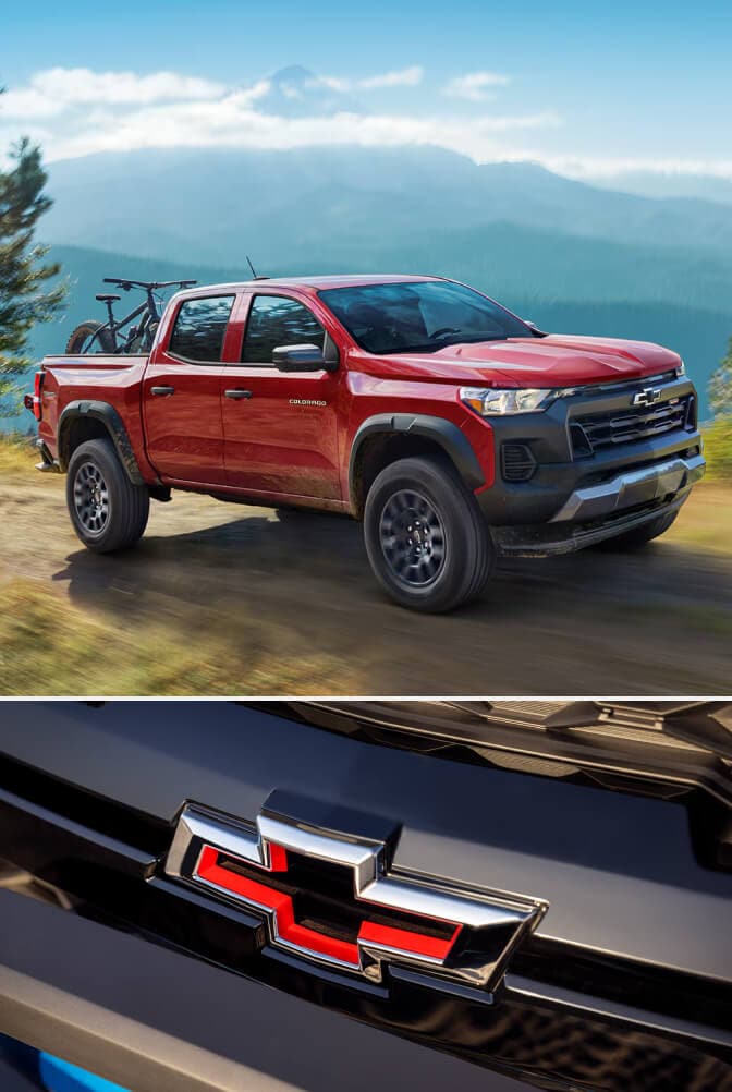 2025 Chevrolet Colorado Trail Boss 4WD in Radiant Red parked on a cliff with a close-up image of the Chevy Logo in red on the grill