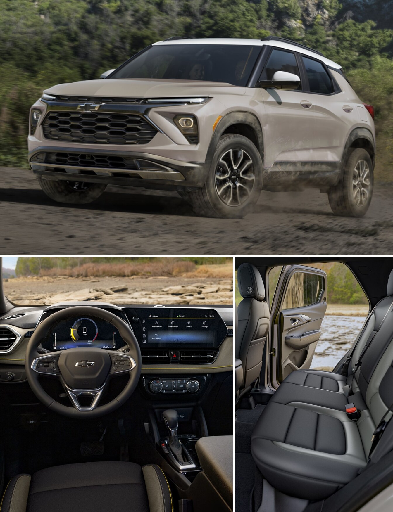 Exterior and interior shots of the 2026 Chevrolet Trailblazer ACTIV in White sands