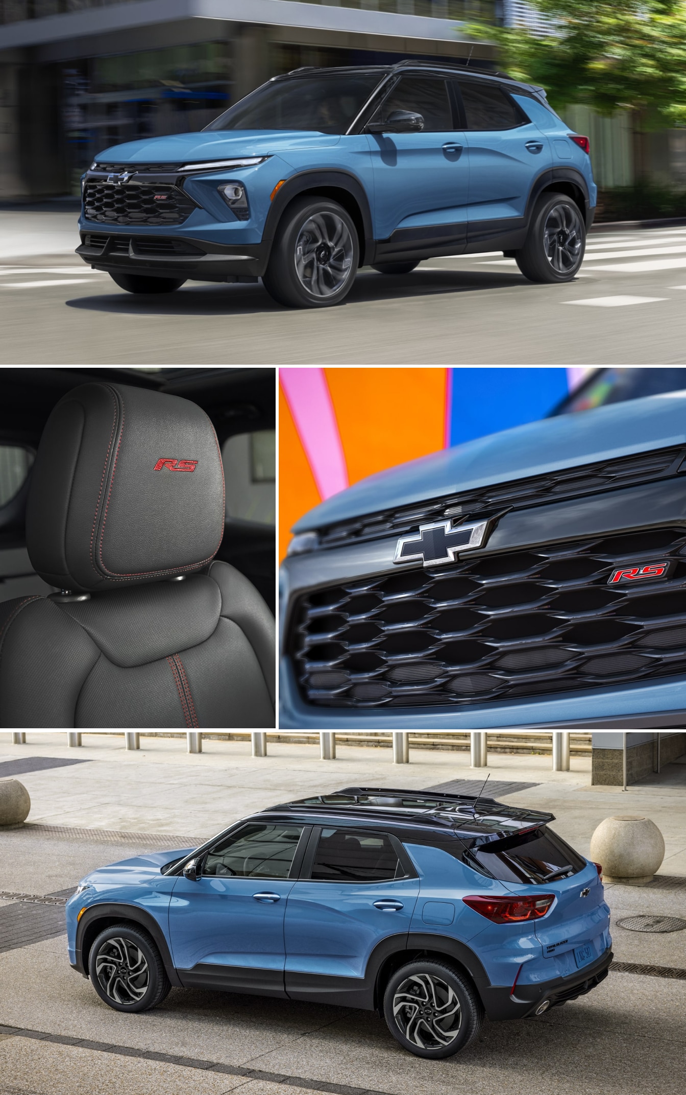 2 exterior shots, close-up of the grille, and an interior seat of the 2026 Chevy Trailblazer RS in Marina Blue
