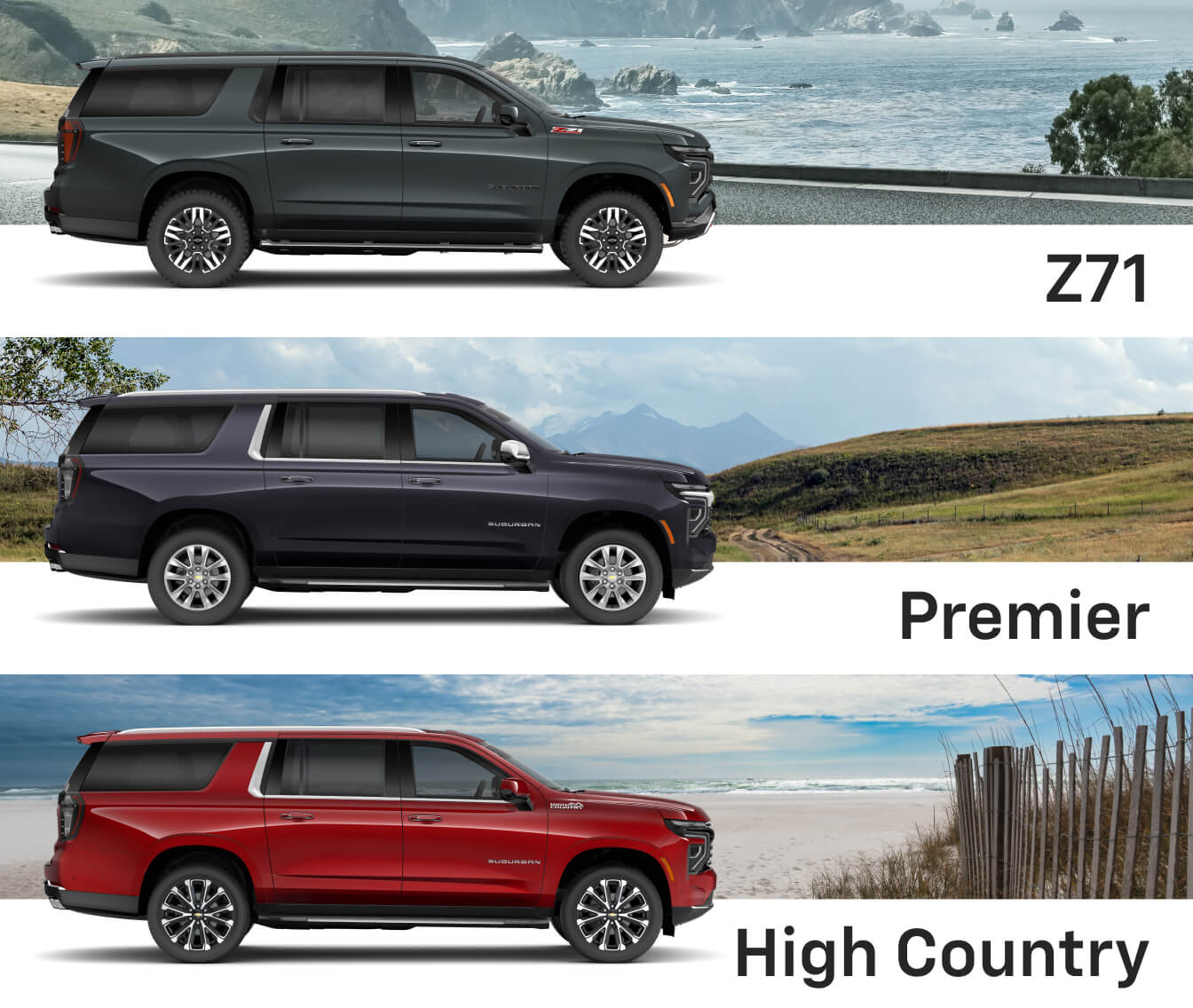 Side profiles of 2026 Chevy Suburban LS, LT, RST, Z71, Premier, and High Country trims against scenic backdrops.