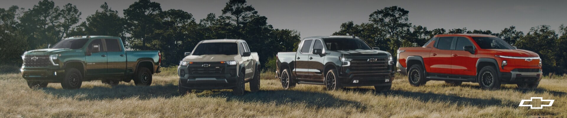Wide angle shot of Chevrolet trucks lined up in an open field.