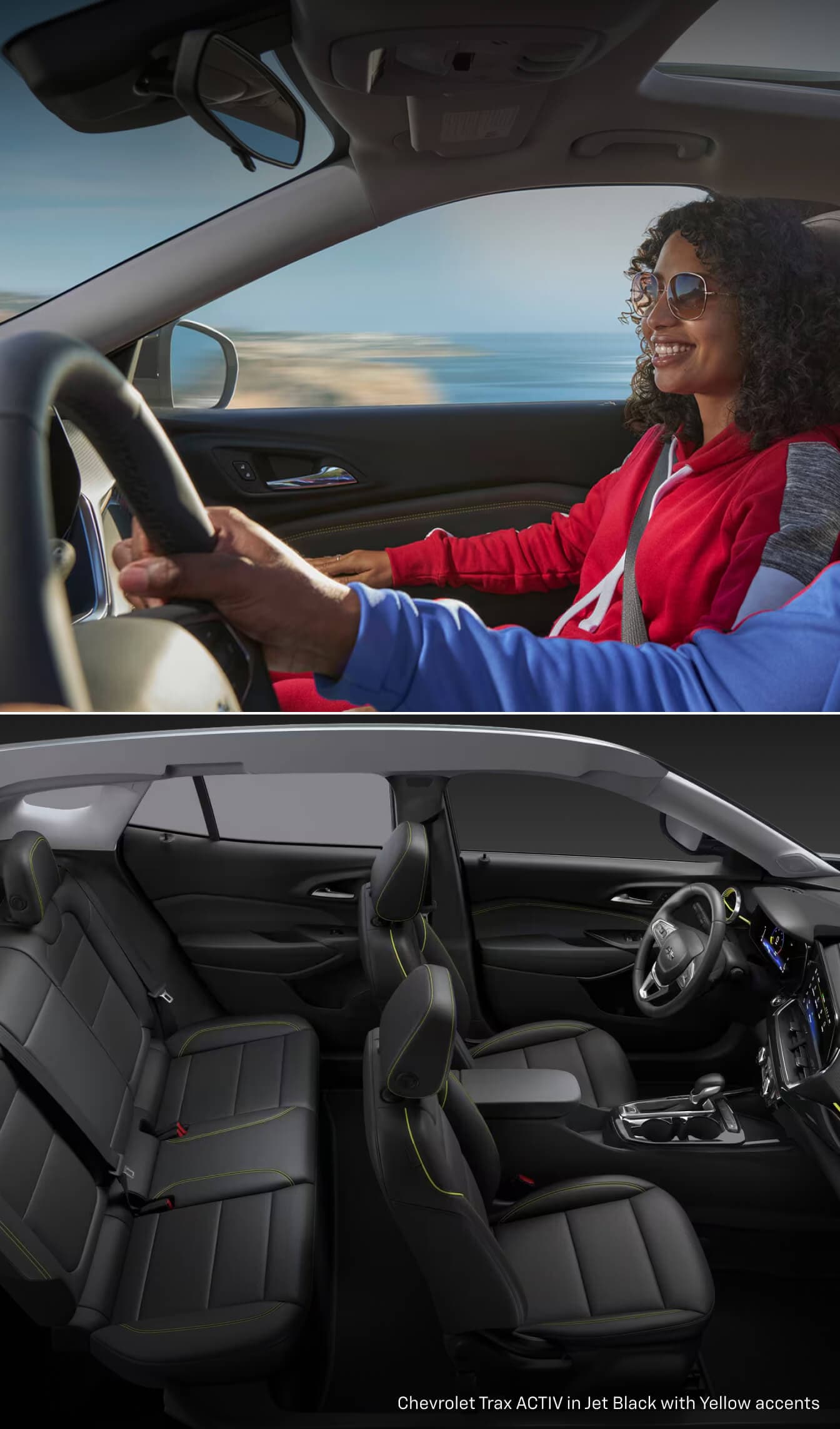 Interior depiction of the Chevy Trax and another shot showing a couple in the front seat of the vehicle