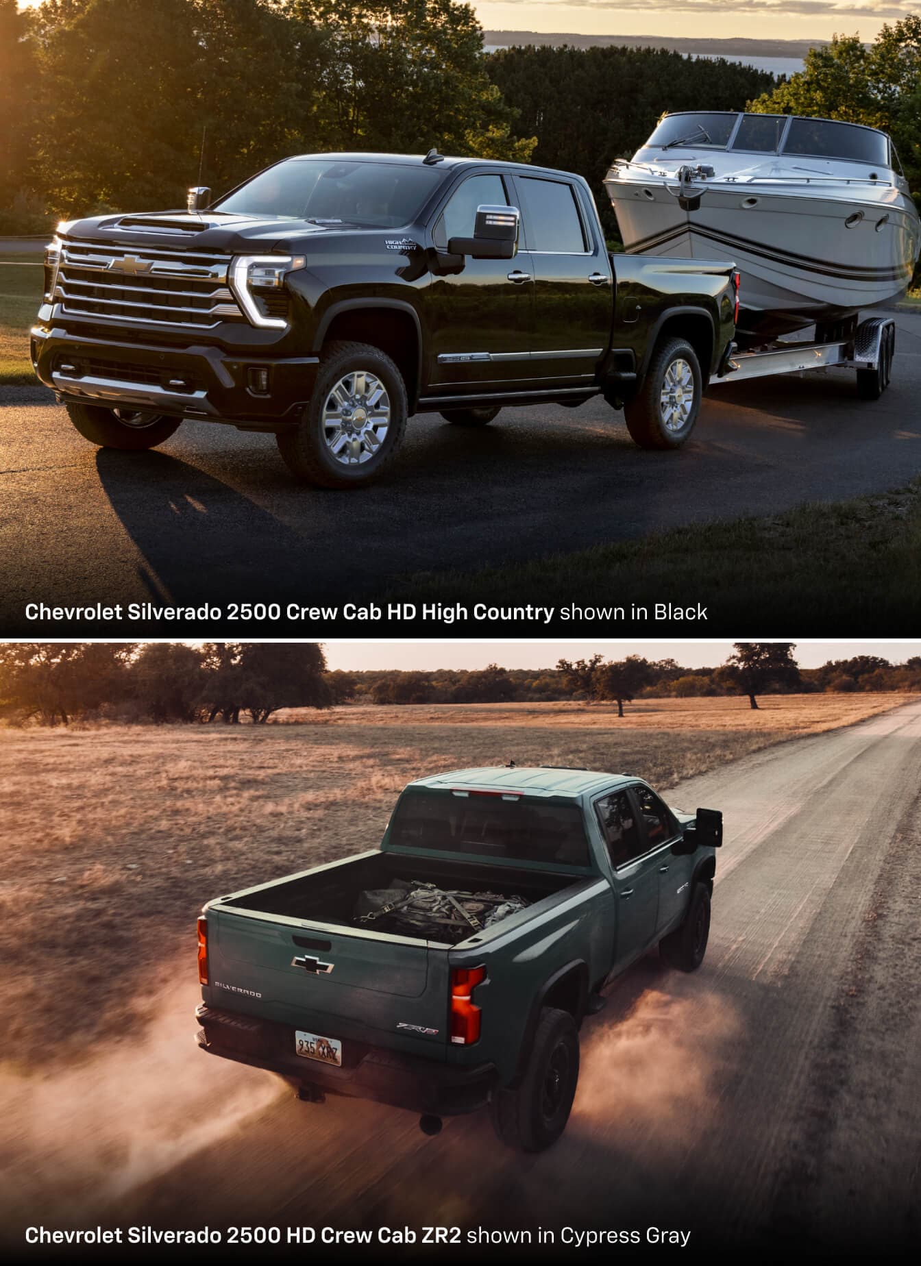 Chevrolet Silverado 2500 towing a boat and another one kicking up dirt as it drives away