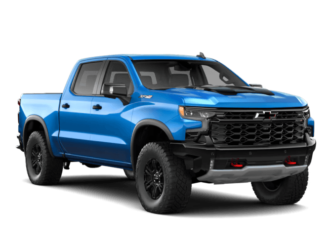 Front three-quarter view of a 2026 Chevy Silverado 1500 ZR2 in Riptide Blue Metallic.