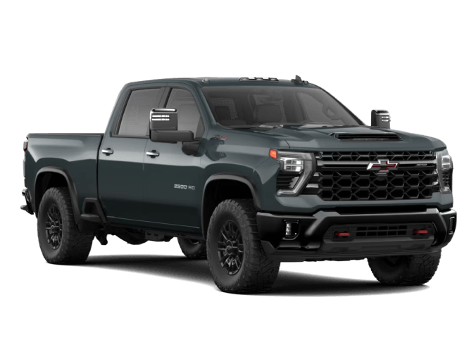 Front three-quarter view of a 2026 Chevy Silverado 2500 ZR2 in Cypress Gray.