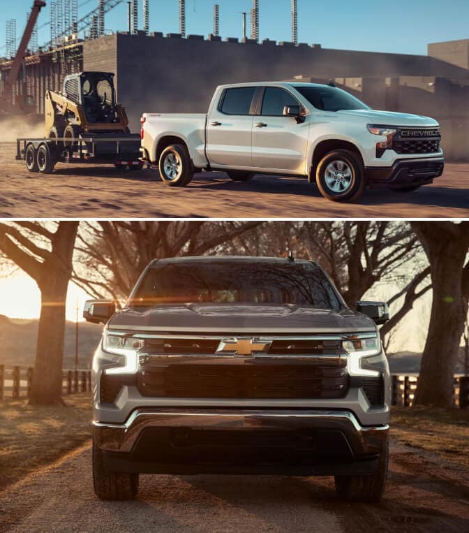 Two images, top: Chevrolet Silverado 1500 4WD in Summit White towing a utility vehicle, bottom: front-view of a Chevry Silverado driving at dusk