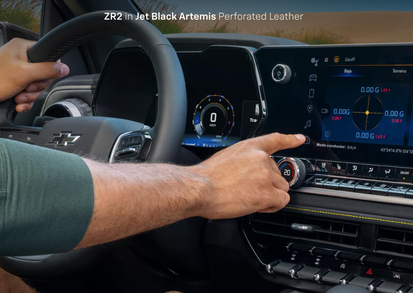 Interior view of the wheel and infotainment system in a 2026 Chevrolet Colorado ZR2