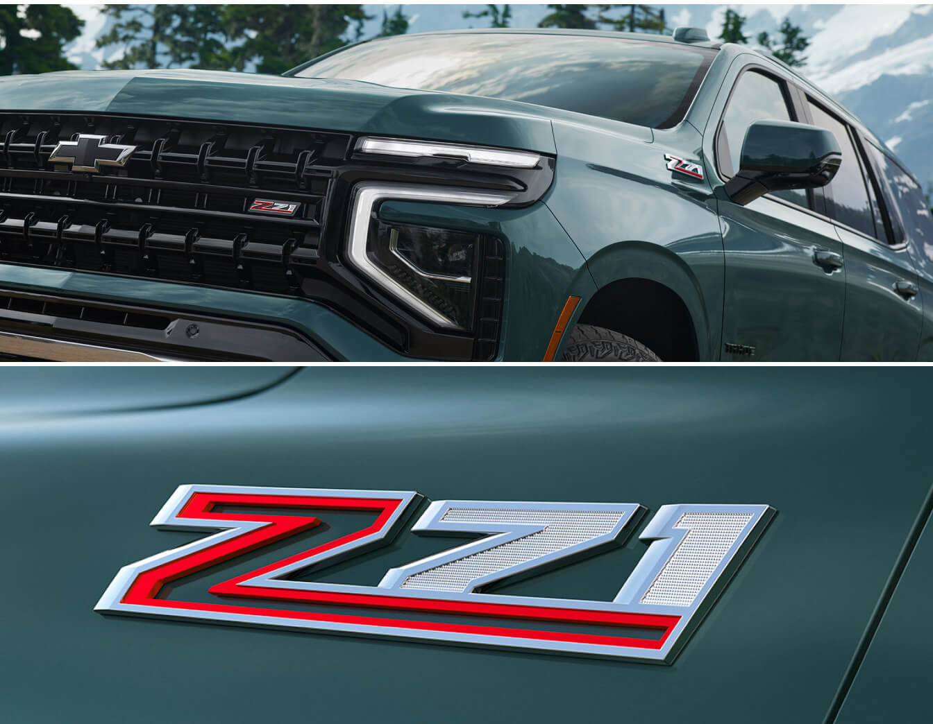 Split view of a green 2026 Chevy Suburban Z71: rear, front, and close-up badge views with mountain backdrops.