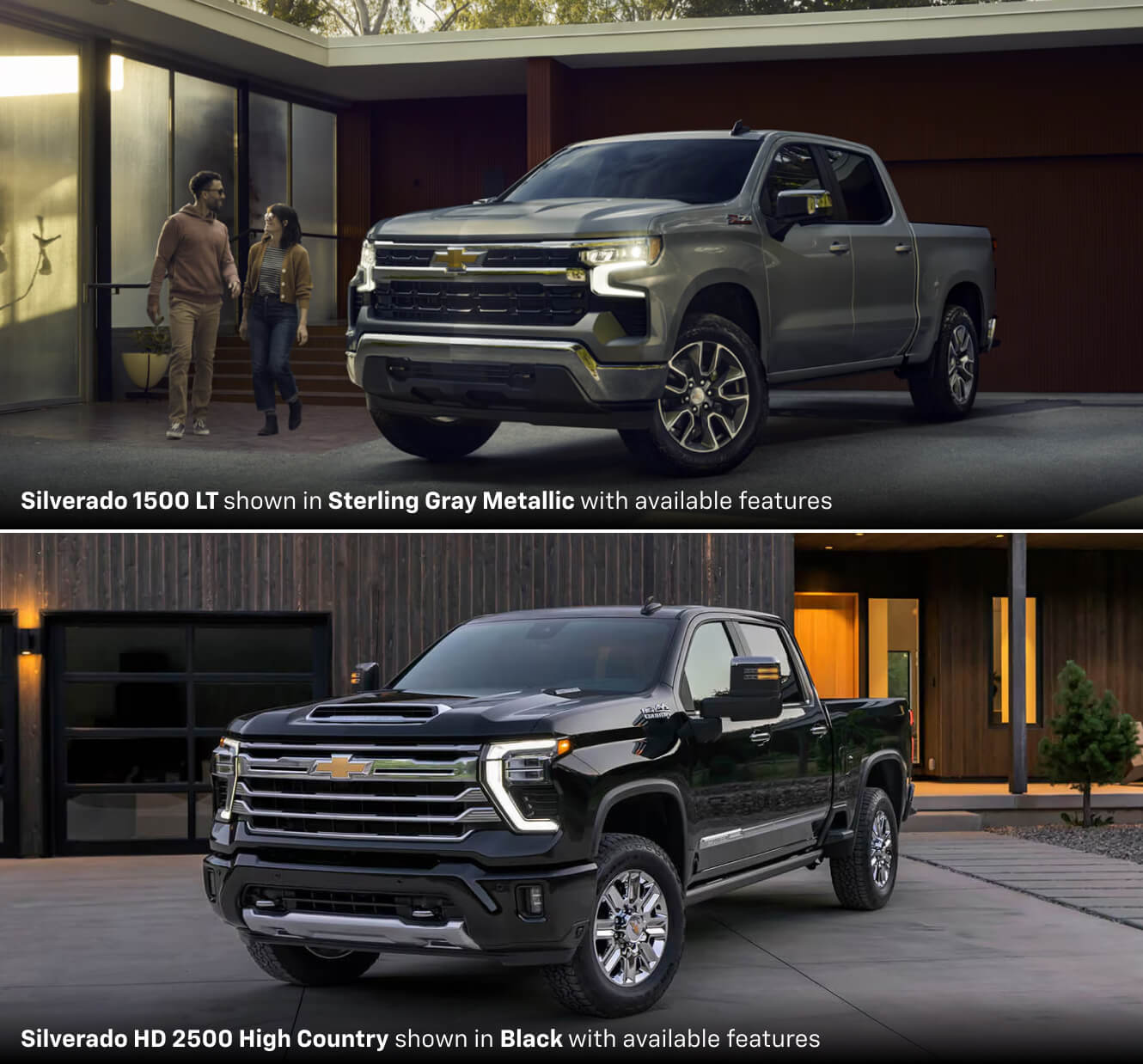 Two Chevy trucks: 2026 Silverado 1500 LT top and Silverado HD 2500 on bottom