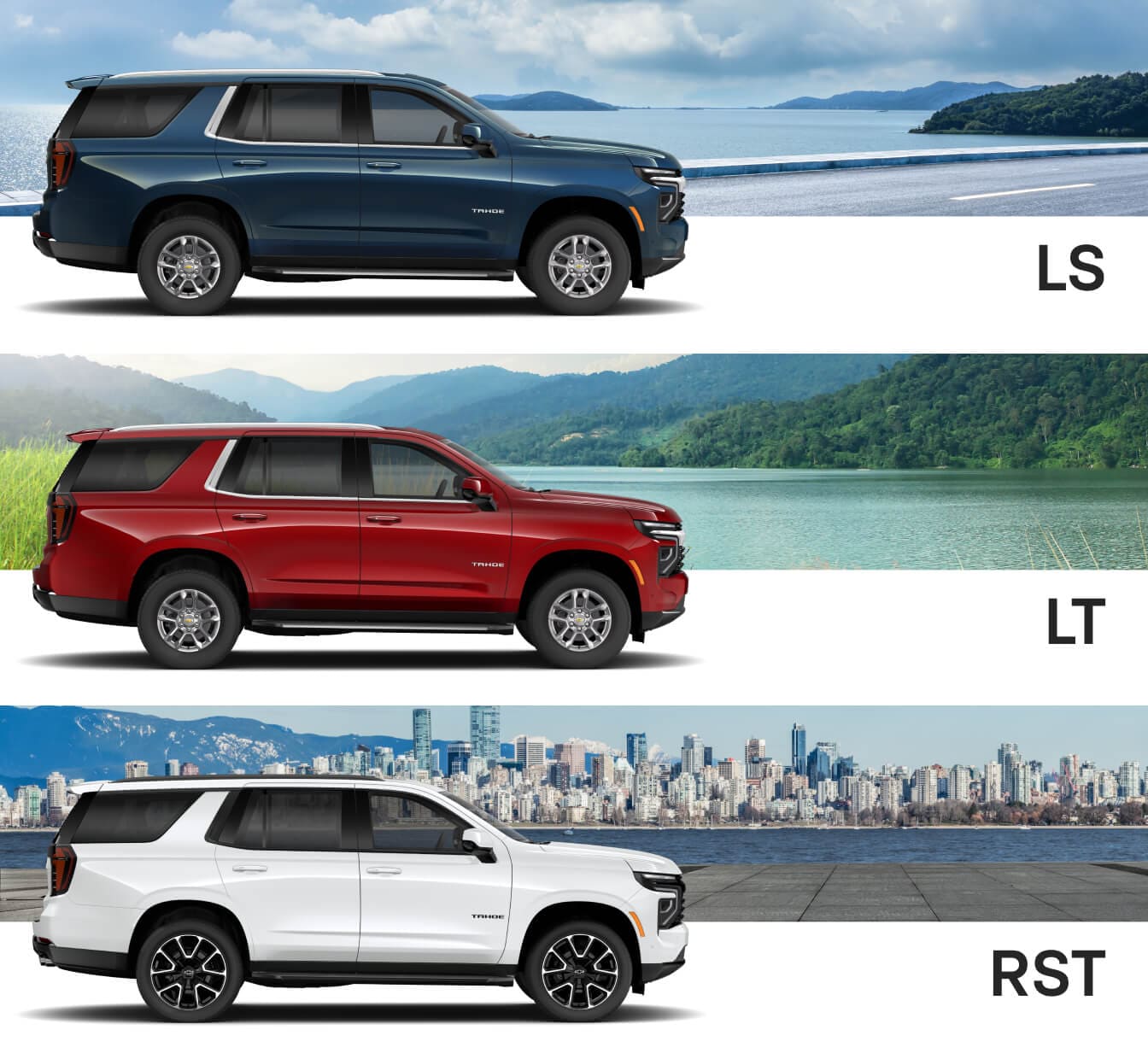 Side profiles of 2026 Chevy Tahoe LS, LT, RST, Z71, Premier, and High Country trims against scenic backdrops.
