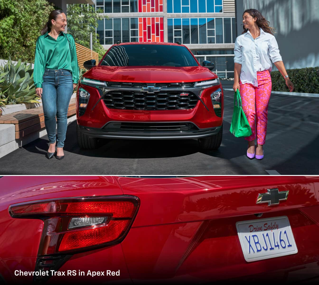 Two women walking on either side of their red 2026 Chevy Trax and a close-up of the trunk and left tail light