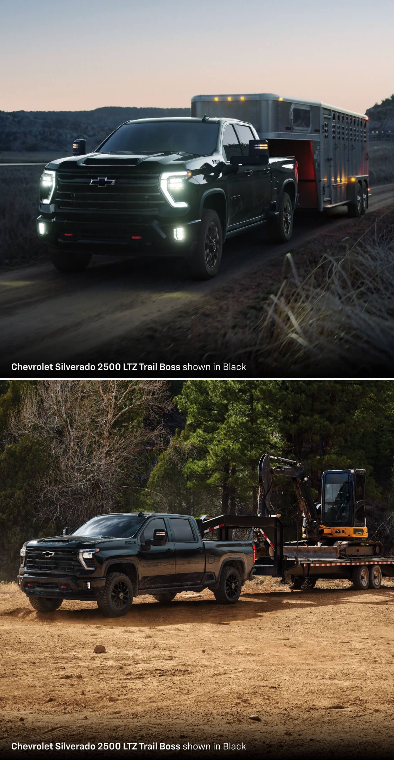 Two images of a 2026 Chevrolet Silverado 2500 LTZ in Black towing on different terrains