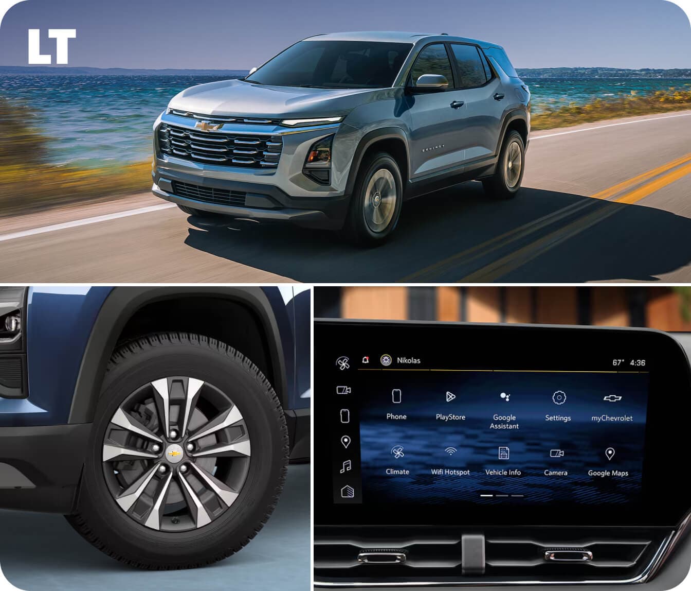 Split image showing a silver 2027 Chevy Equinox LT driving and two close-ups showing its alloy rims and infotainment screen.